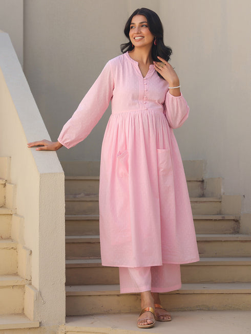 Light Pink Dobby Pure Cotton Self Design A-line Maternity Kurta Pant Set